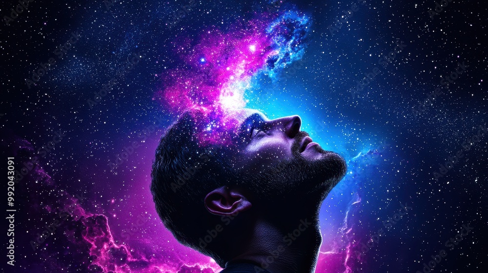 Cosmic Contemplation - Abstract Art of Person Looking Up with Galaxy Sky, Symbolizing Deep Cosmic Thinking and Connection to Universe Cosmic Contemplation - Abstract Art of Person Looking Up with Galaxy Sky, Symbolizing Deep Cosmic Thinking and Connection to Universe