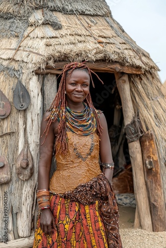 Himba woman standing in front of traditional hut in Namibia photo