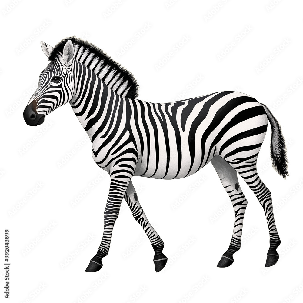 Fototapeta premium Zebra walking forward with stripes visible, isolated on transparent background