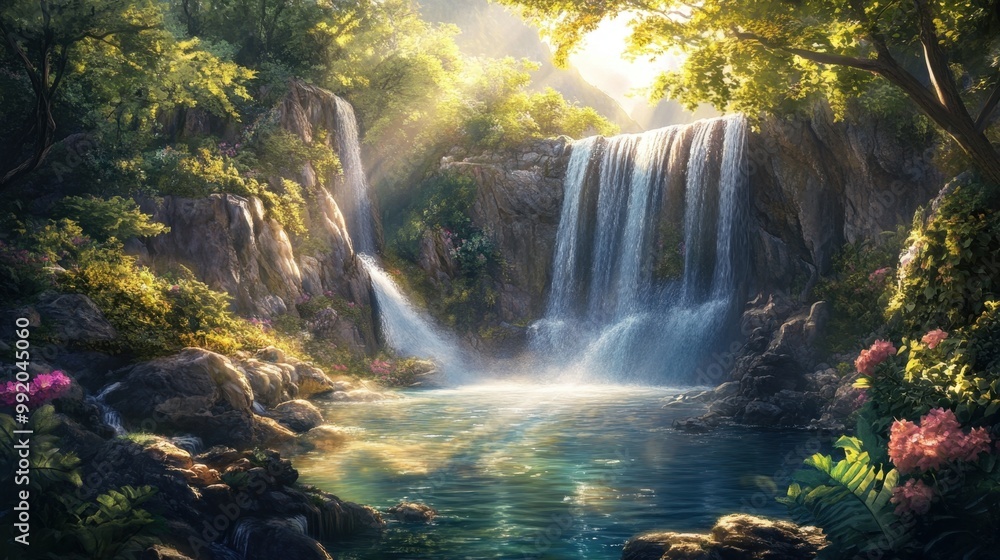 A wide-angle perspective of a serene natural grotto with cascading waterfalls, surrounded by A wide-angle perspective of a serene natural grotto with cascading waterfalls, surrounded by
