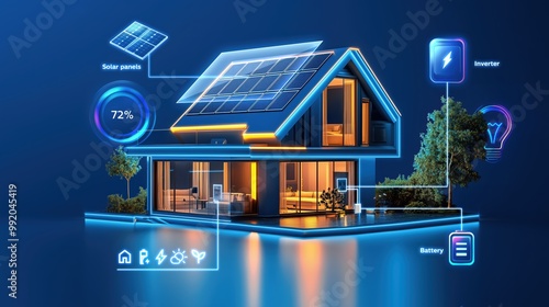 Futuristic Smart Home with Solar Panels and Renewable Energy System - Modern Eco-Friendly House Concept for Sustainable Living