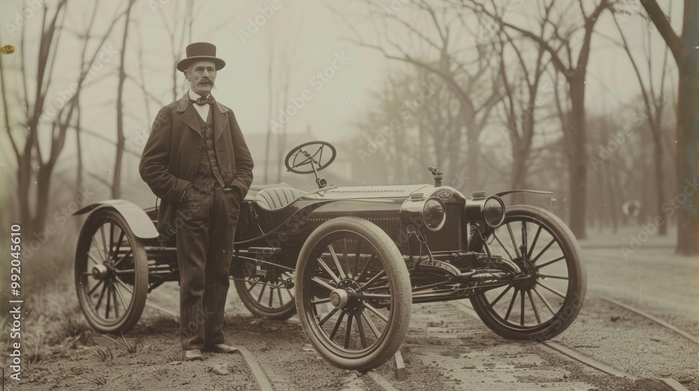 Vintage photo of a man on the background of the world's first car ...