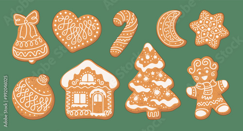 Set of Christmas Gingerbread cookies. Cute winter homemade sweets in festive shapes isolated on green background. Vector illustration in flat cartoon style.