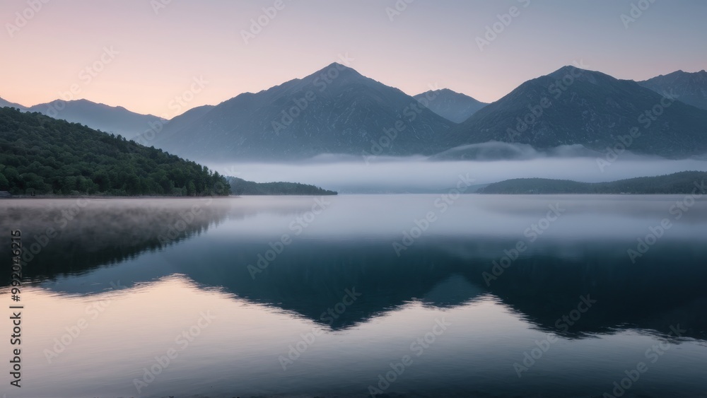 Tranquil Mountain Lake at Sunrise with Fog. Tranquil Mountain Lake at Sunrise with Fog.
