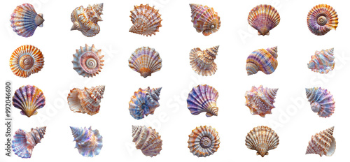 Versatile Collection of Colorful and Bright Seashells on Transparent Background: A Stunning Array of Coastal Treasures Perfect for Creative Projects, Beach-Inspired Designs, and Nature Photography.