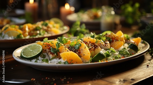 Sweet lime salsa served grilled fish tropical mango slices private beachfront dinner sound of gentle waves tiki torches softly lighting area promoting fresh coastal meal Scientific name Citrus limetta photo