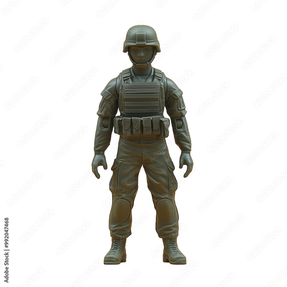 Green plastic toy soldier with helmet and army gear isolated on transparent background Green plastic toy soldier with helmet and army gear isolated on transparent background