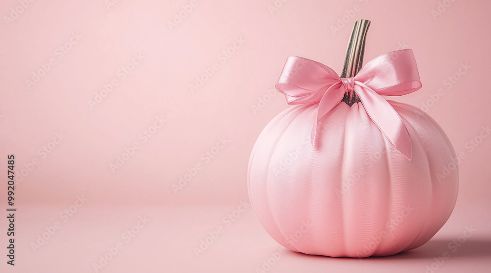 A whimsical pastel pink pumpkin adorned with a soft satin bow, perfect for Thanksgiving and Halloween decorations, with copy space for creative text A whimsical pastel pink pumpkin adorned with a soft satin bow, perfect for Thanksgiving and Halloween decorations, with copy space for creative text