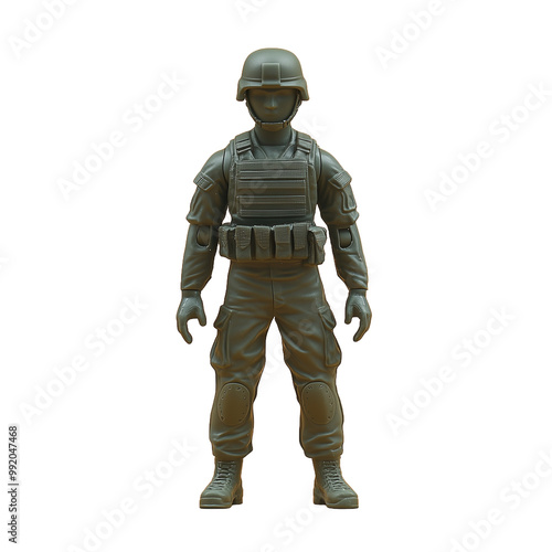 Green plastic toy soldier with helmet and army gear isolated on transparent background photo