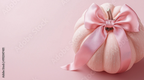 A whimsical pastel pink pumpkin adorned with a soft satin bow, perfect for Thanksgiving and Halloween decorations, with copy space for creative text