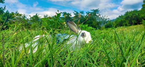 Wallpaper Mural A white rabbit with grey spots against a blue sky in our yard covered with green grass Torontodigital.ca