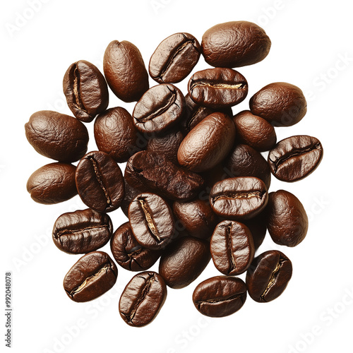 Cluster of roasted coffee beans scattered isolated on transparent background photo