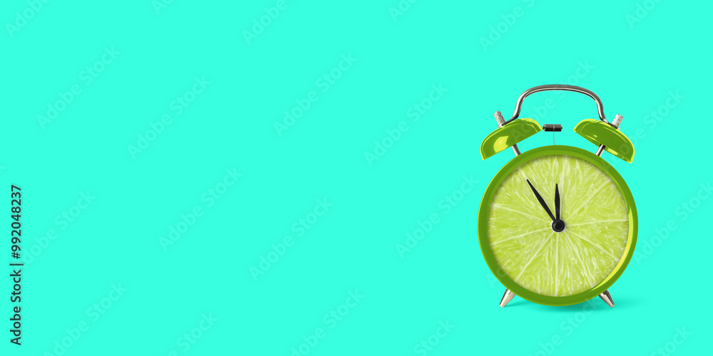 Juicy lime on alarm clock dial against turquoise background. Creative poster with space for text, banner design Juicy lime on alarm clock dial against turquoise background. Creative poster with space for text, banner design