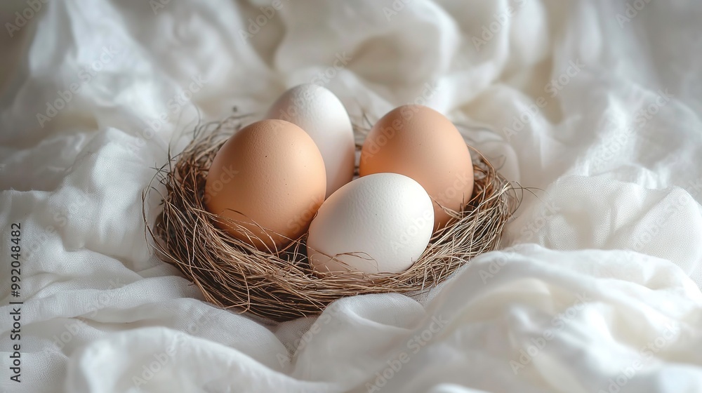 Four eggs are in a nest on a white cloths generative ai image Four eggs are in a nest on a white cloths generative ai image
