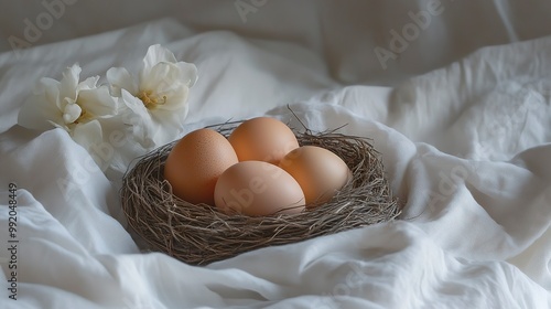 Four eggs are in a nest on a white cloths generative ai image