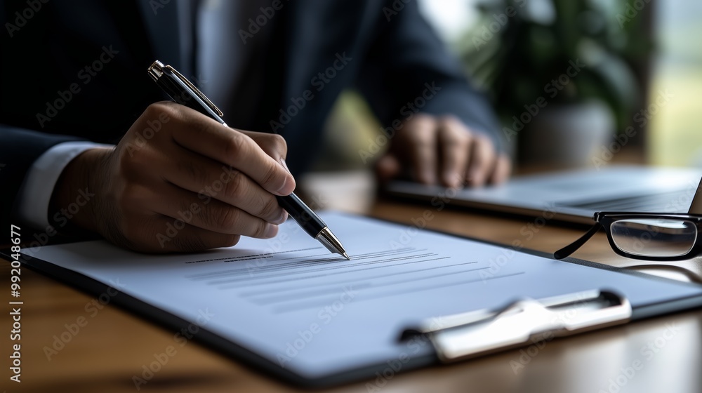 Professional in a suit signing documents at a wooden desk with a laptop and glasses nearby Professional in a suit signing documents at a wooden desk with a laptop and glasses nearby