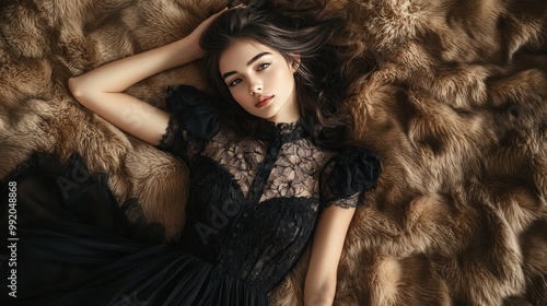 Perfect woman on brown fur, lying down. Black dress.a