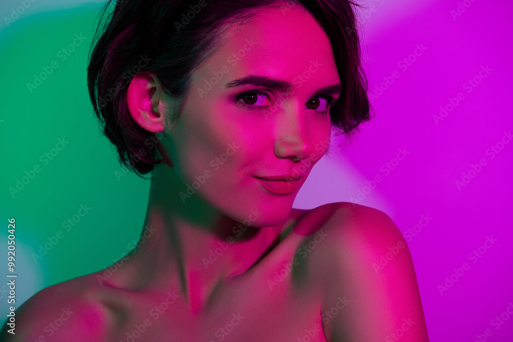 Photo of pretty nice girl lady look feel tender over gradient vivid color neon background Photo of pretty nice girl lady look feel tender over gradient vivid color neon background