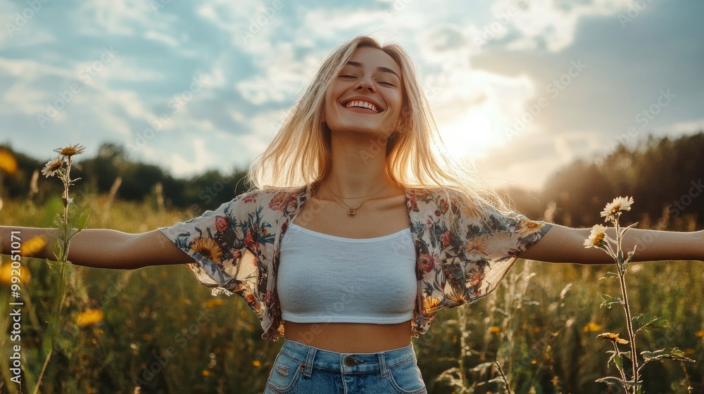 A happy, blond hippie in jeans takes in the scenery and a lovely summer day. A happy, blond hippie in jeans takes in the scenery and a lovely summer day.
