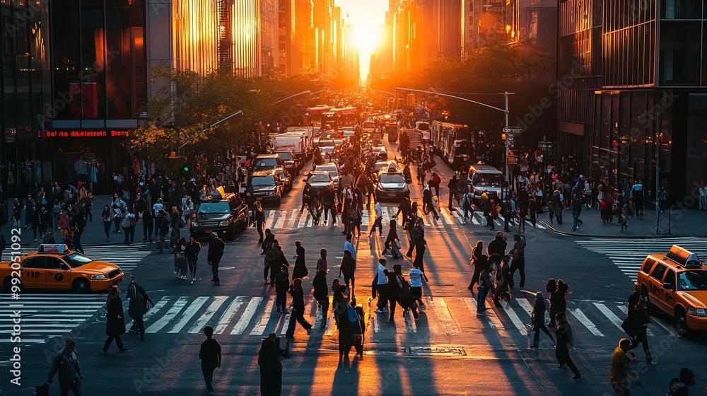 Obraz premium Amidst the bustling hub of New York City, the intersection of 5th Avenue and 23rd Street teems with a vibrant tapestry of pedestrians and vehicles, bathed in the warm glow of the setting sun.