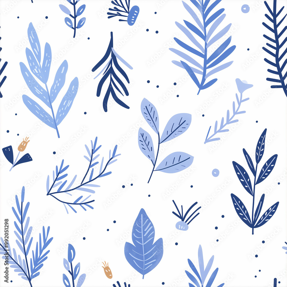 Fototapeta premium Seamless botanical pattern with blue leaves and plants on a white background for modern design