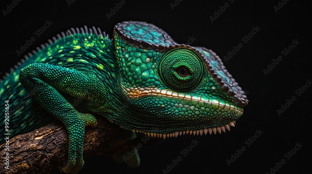 A stunning picture of a chameleon on a branch.
The chameleon's skin is green and bumpy.
Its eye is wide open, and it looks alert.
The background is dark, which makes the chameleon stand out. A stunning picture of a chameleon on a branch.
The chameleon's skin is green and bumpy.
Its eye is wide open, and it looks alert.
The background is dark, which makes the chameleon stand out.