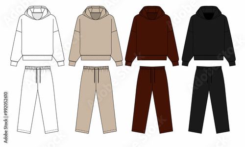 Photos Set of  drawings of a sports suit in colors - beige, red and gray