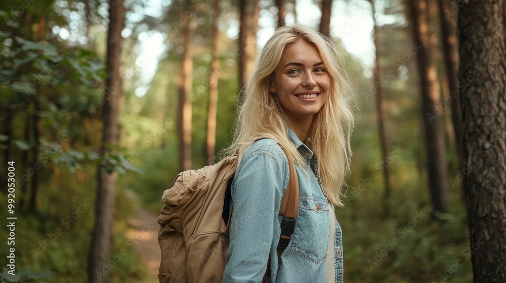 In the summer forest, a charming young blonde smiles broadly and strolls with joy. In the summer forest, a charming young blonde smiles broadly and strolls with joy.