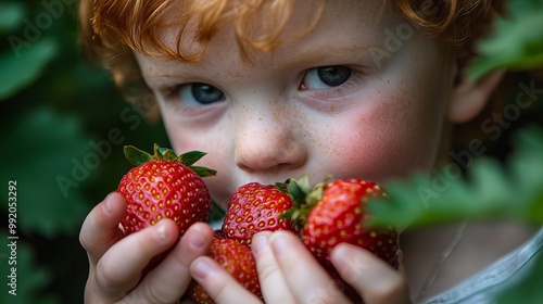 A young boy with red hair feasts on juicy red strawberries in a garden, captured up close.