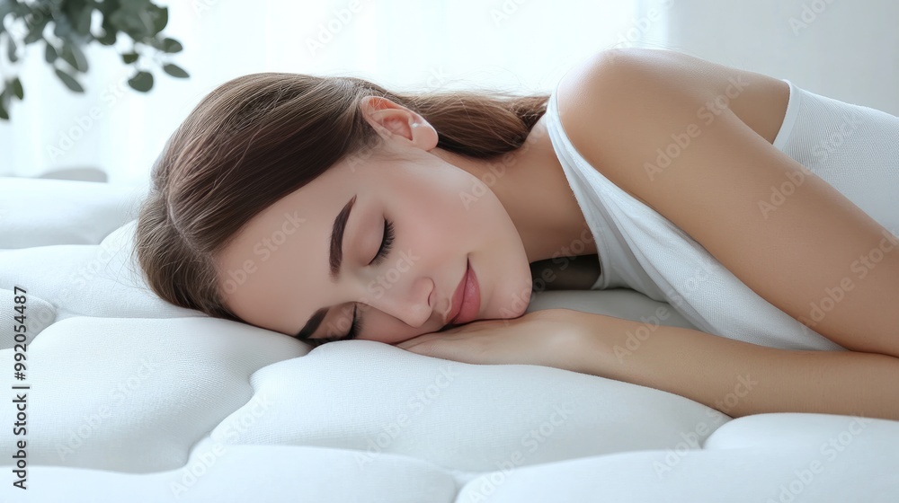 A young lady resting on a plush mattress against a white backdrop A young lady resting on a plush mattress against a white backdrop