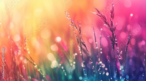 Morning dew sparkling on colorful grass blades under the sun, creating a vibrant and peaceful scene with a realistic natural backdrop