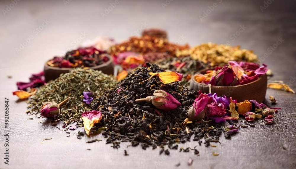 Fototapeta premium Herbal teas with depth of field showcasing dried herbs and vibrant petals in loose-leaf blends