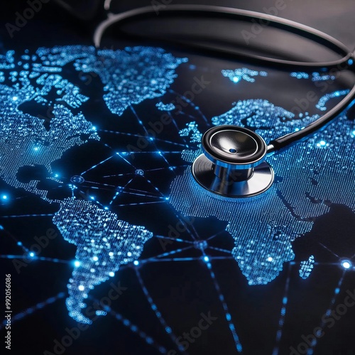 A stethoscope rests over a digital world map symbolizing global healthcare or medical services