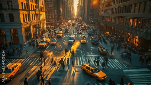 Amidst the bustling hub of New York City, the intersection of 5th Avenue and 23rd Street teems with a vibrant tapestry of pedestrians and vehicles, bathed in the warm glow of the setting sun. photo