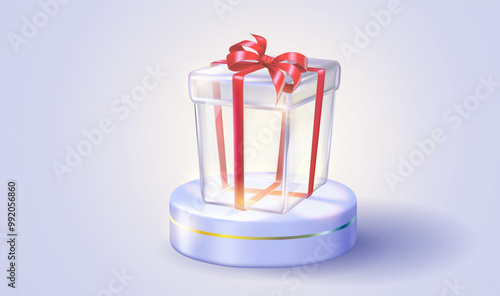 Round stage for presentation sale product with clear glass gift box and red bow
