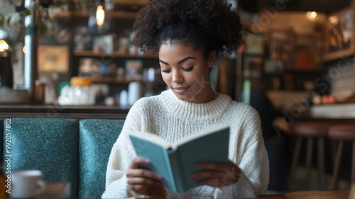 Young African American woman reading a book in a cozy cafE. Lifestyle and leisure concept.