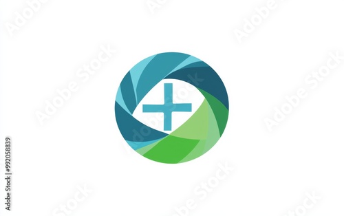 Free Download  logo with blue and green color scheme, featuring a central medical cross symbol inside a circle on a solid white background, suitable for healthcare or business branding. - GFXLoad