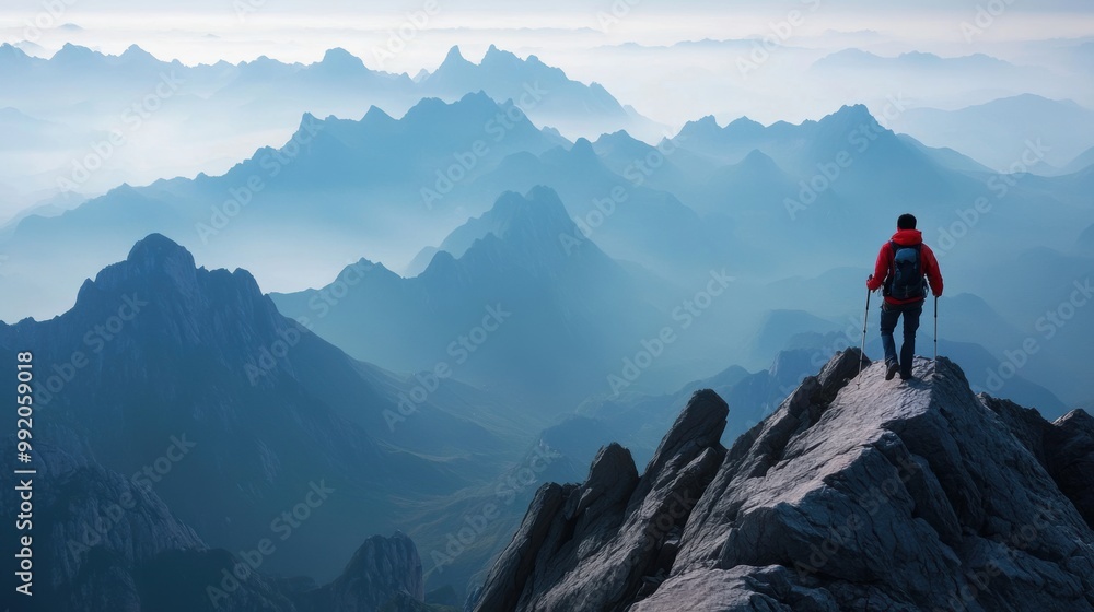 Male hiker standing on mountain peak. Male hiker standing on mountain peak.