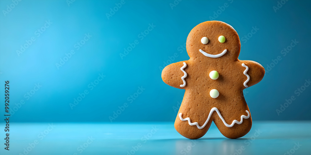 Fototapeta premium Lebkuchenmann standing on a blue background, Lebkuchenmann, gingerbread man, Christmas, holiday, festive, decoration