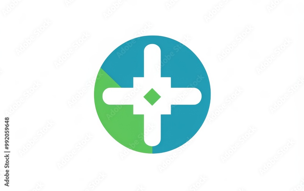 Obraz premium logo with blue and green color scheme, featuring a central medical cross symbol inside a circle on a solid white background, suitable for healthcare or business branding.