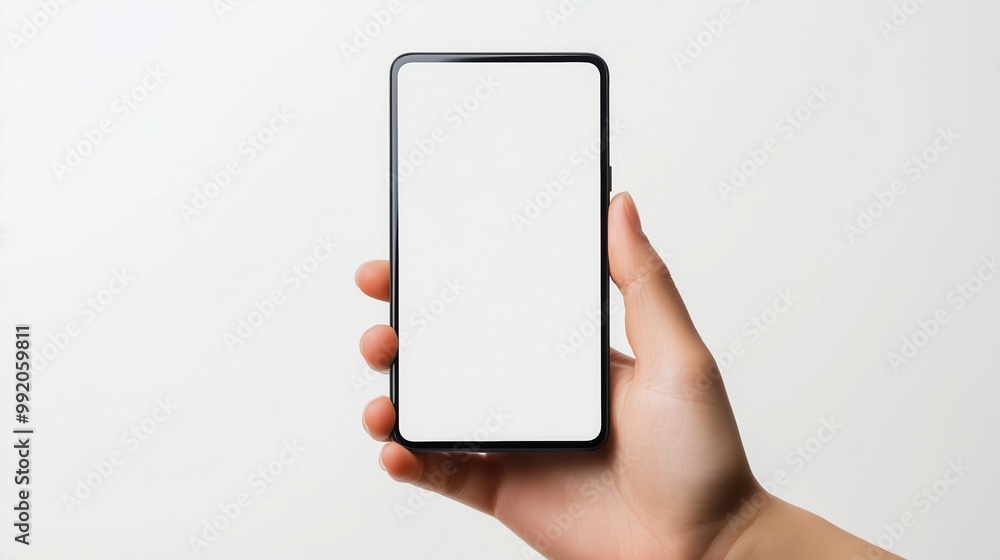 hand holding a white screen smart phone hand holding a white screen smart phone