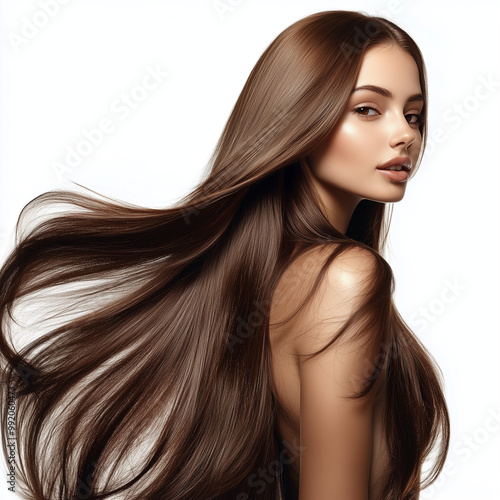 Brown hair girl with long shiny hair on a white background, shampoo advertising