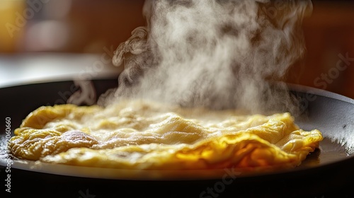 Steaming Golden Omelette in a Black Frying Pan photo