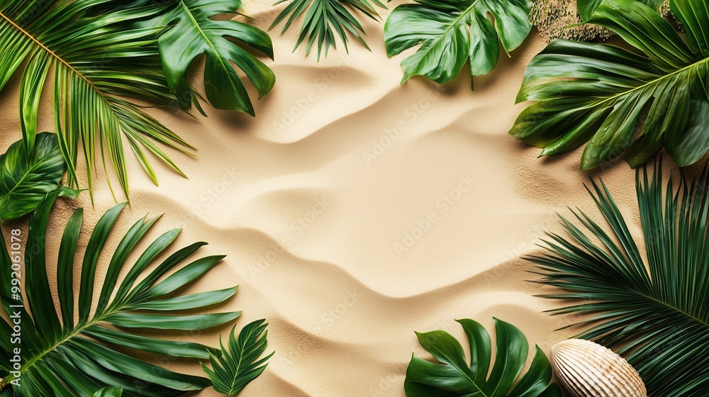 summer card copy space with sand and xotic green tropical plants summer card copy space with sand and xotic green tropical plants