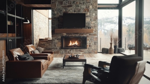 Modern rustic living room with stone fireplace and leather armchairs