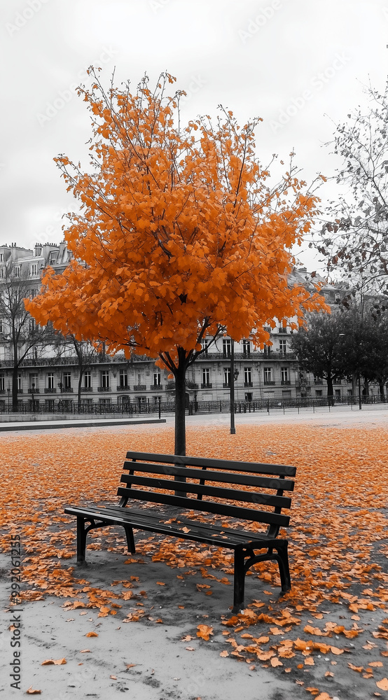 Black and white photo of autumn tree in the center, park bench, orange leaves on the ground. The scene is aesthetically beautiful, with the tree as the focal point Black and white photo of autumn tree in the center, park bench, orange leaves on the ground. The scene is aesthetically beautiful, with the tree as the focal point