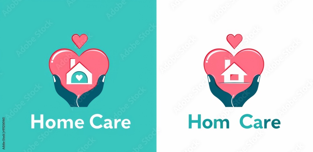 Fototapeta premium Abstract heart-shaped house logo with hands holding it, designed for a home care business in pink and teal colors