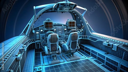 Advanced fighter jet cockpit mesh wireframe with detailed instruments and ejection seat, fighter jet, cockpit photo