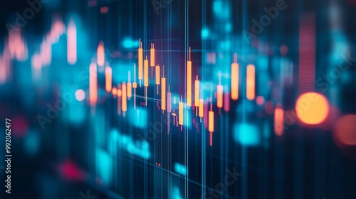 Blue background with candlestick chart pattern representing growth in financial markets.