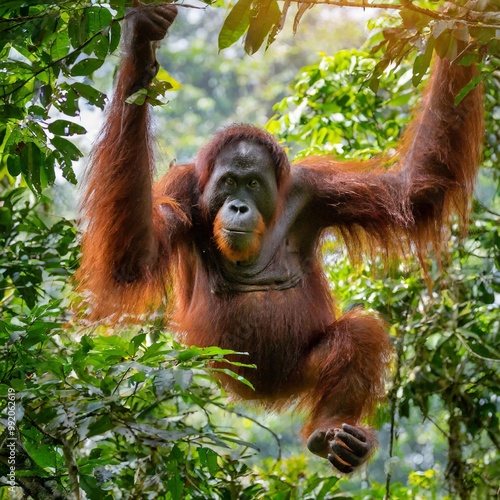 Orangutan Swinging through the Dense Canopy of a Borneo Rainforest